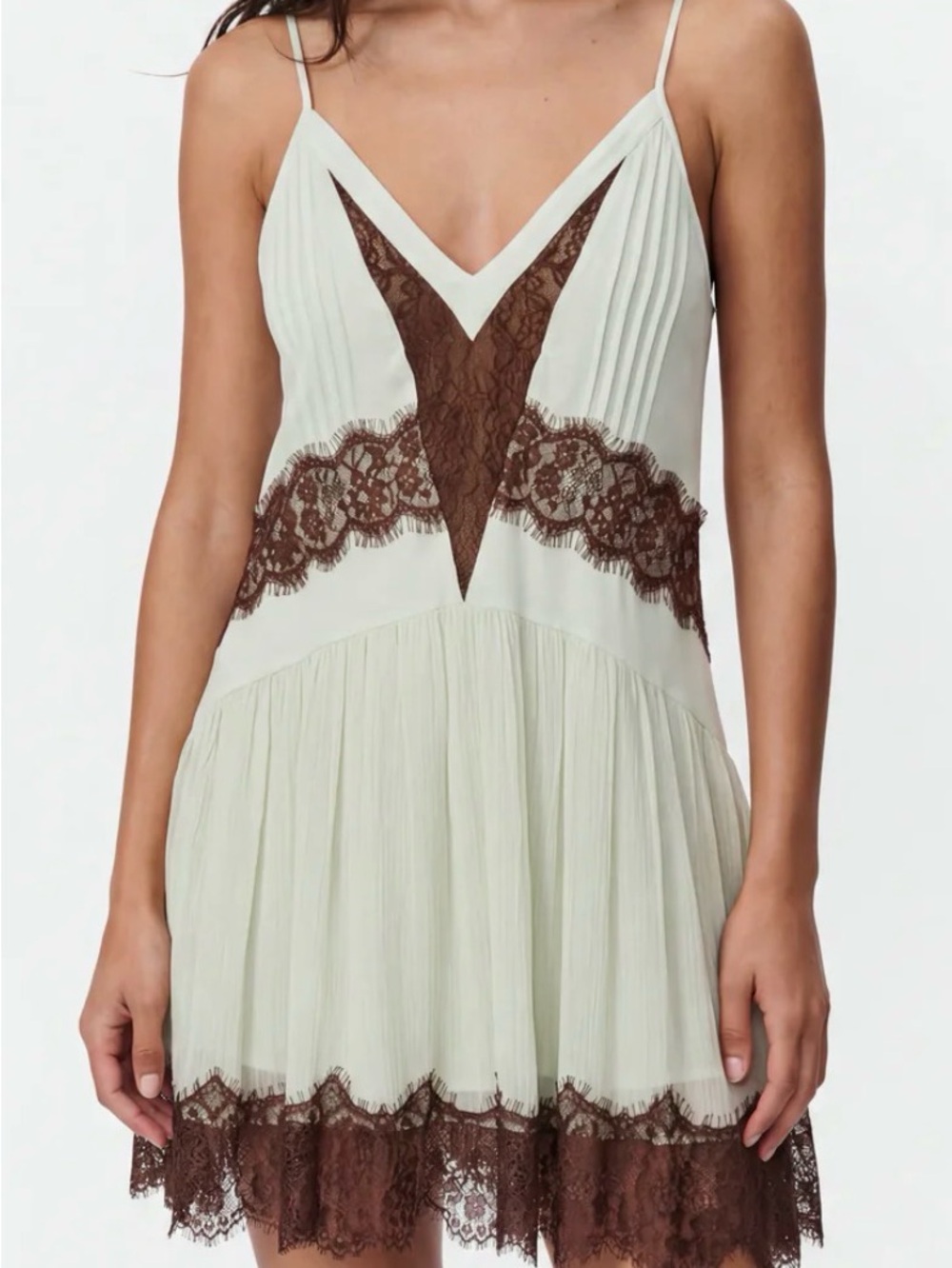 Green Slip Dress with Brown Lace Trim
